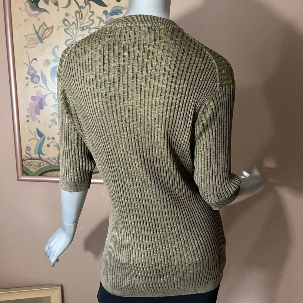 Baracuta 100% Silk Sweater Top Olive Green Ribbed Soft & Stretchy Size LARGE